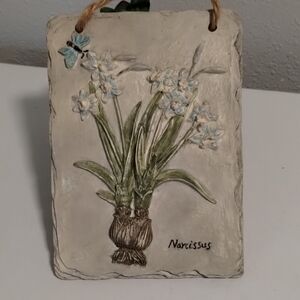 Narcissus Ceramic Wall Art with Green and Cream Accents